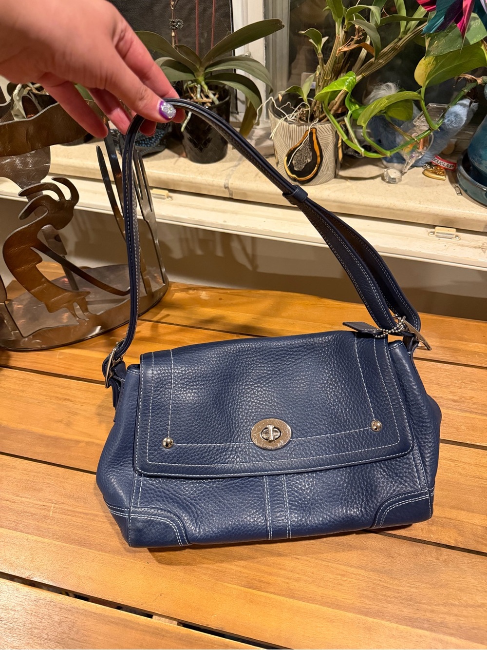 Coach Navy Pebbled Leather Shoulder Bag with Turn-Lock
